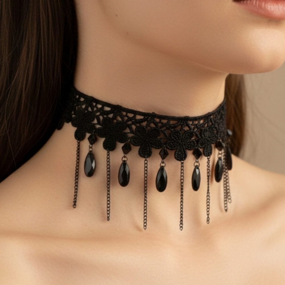 ♟️Elegant Black Lace Choker Necklace With Beaded Dangles New